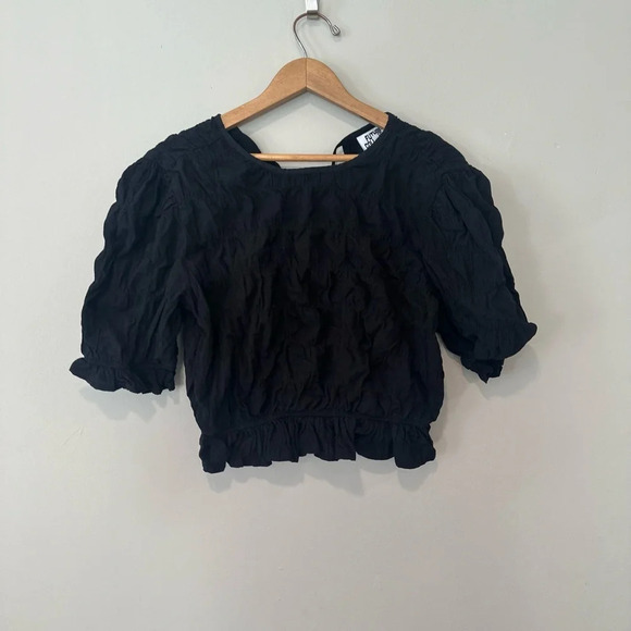 Women's Elbow Sleeve Ruffle Textured Top Future Collective Size Small Black 1248 - Picture 3 of 7